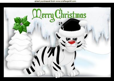 Snow Tiger in Santa Hat with Tree in the Snow A4