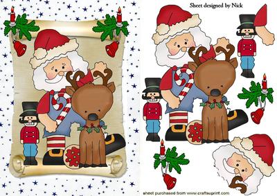 Santa with Reindeer on a Scroll and Holly