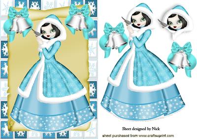 Snowlady with Little Bird on a Scroll with Bells