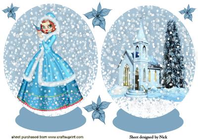 Pretty Lady and Church in Snow Globe Toppers