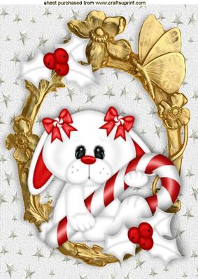 Christmas Bunny in Gold Frame with Holly A4