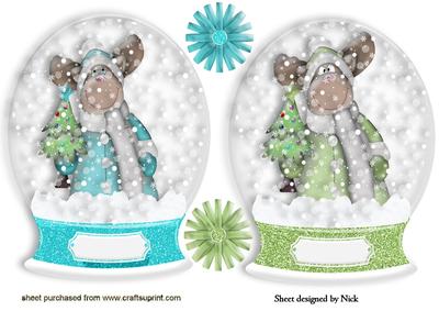 Cute Mooses with Christmas Tree Snow Globe Toppers