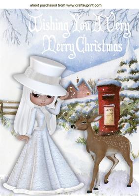 Pretty Lady in White with Deer in the Snow A4