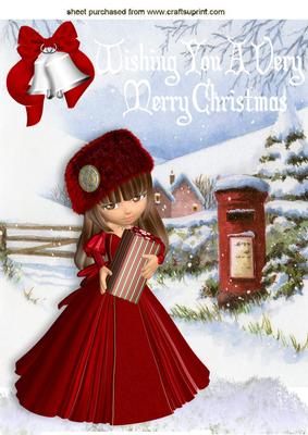 Pretty Lady in Red with Present in the Snow A4