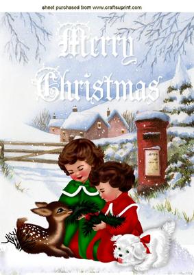 Children with Little Deer in Snow Scene A4