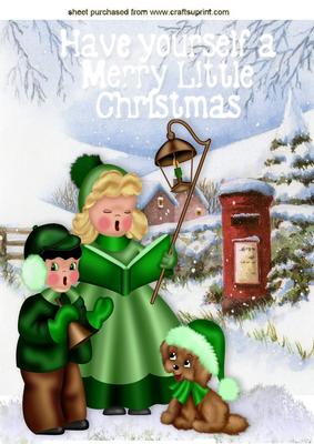 Carol Singing with Little Puppy in Snow Scene A4