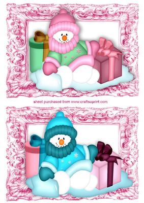 Snowmen Toppers in Pink Frames with Presents