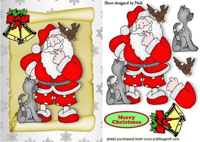 Santa on a Scroll with Cute Little Cat and Bird