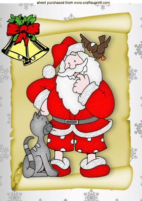 Santa on a Scroll with Cute Cat and Bird A4