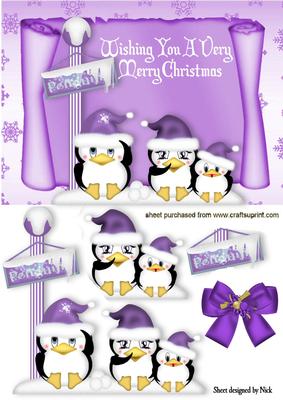 Cute Little Penguin Family in Lilac on a Scroll