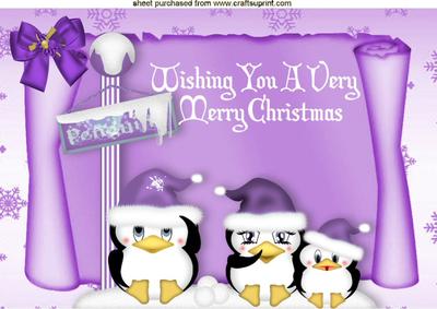 Cute Penguin Family in Lilac on a Scroll A4
