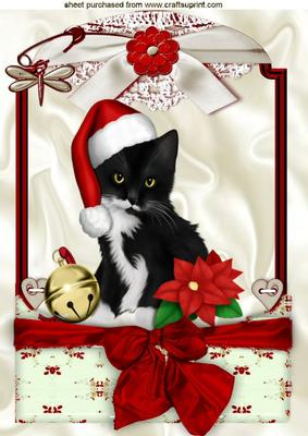 Cute Kitty in Santa Hat with Big Red Bow A4