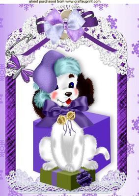 Puppy in Santa Hat on Presents in Lace Frame A4