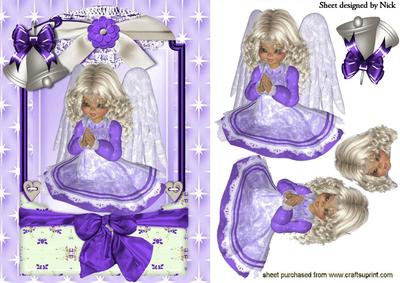 Praying Fairy Angel with Bells in Purple Lace Frame