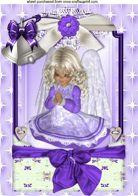 Praying Angel with Bells in Purple Lace Frame A4