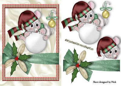 Little Mouse on a Bauble with Holly Bow