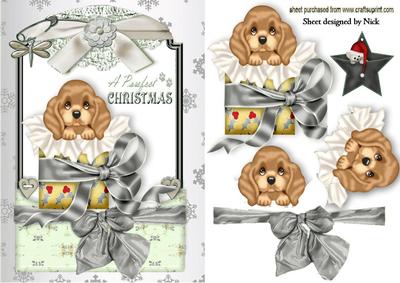 Little Puppy in Christmas Box in Silver Lace Frame