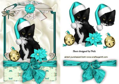 Cute Kitty in Turq Santa Hat in Lace Frame