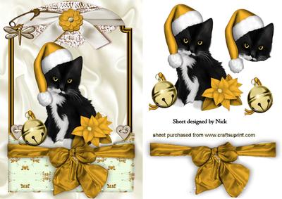 Cute Kitty in Gold Santa Hat in Lace Frame