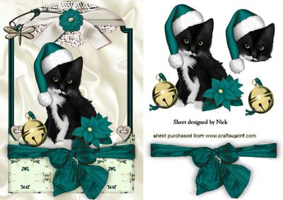 Cute Kitty in Jade Santa Hat in Lace Frame