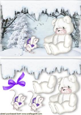 Little White Bear with Mouse in Snow Scene