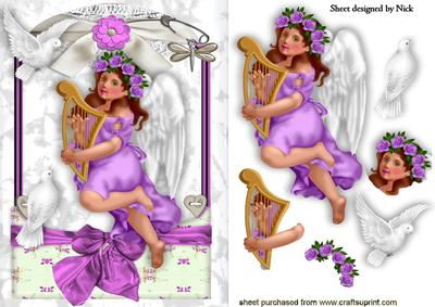 Vintage Angel with Harp and Doves in Lace Frame