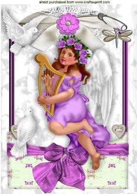 Vintage Angel with Harp and Dove in Lace Frame A4