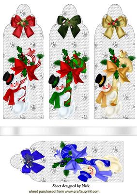 Snowmen with Candy Cane and Little Bird Bookmarks