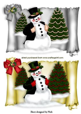 Smiling Snowmen Toppers in the Snow on a Scroll