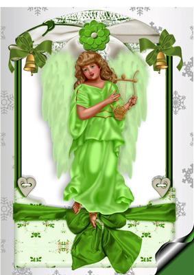Sweet Angel in Green Lace Frame with Bow and Bells A4