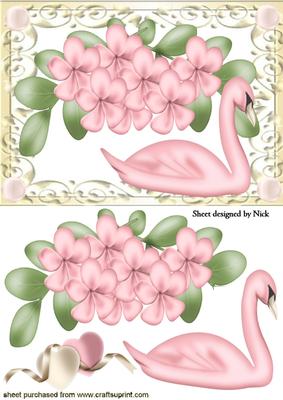 Pink Flowers, with Pink Swan in Ornate Frame