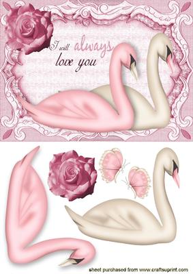 Love Swans with Pink Rose and Butterflies