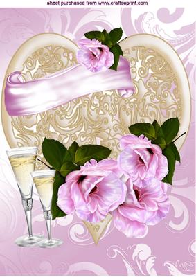 Gold Heart with Pink Flowers and Champers A4