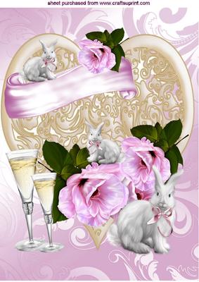 Gold Heart, Champers and White Fluffy Bunnies A4