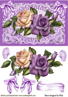Purple/cream Roses on Lace with Bows