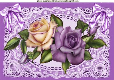 Purple/cream Roses on Lace with Bows A4
