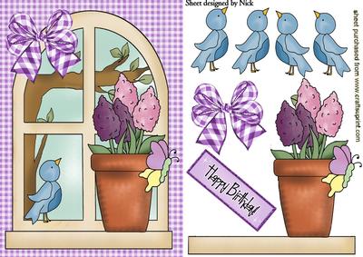 Purple Flowers in a Vase on a Window Sil with Bird