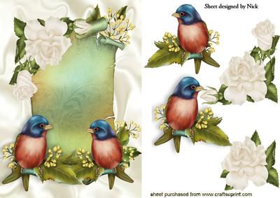 Pretty Birds on a Scroll with Cream Roses