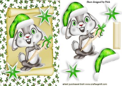 Christmas Bunny with a Carrot on a Scroll with Stars