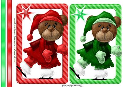 Lovely Felt Skating Bears in Green/red Toppers