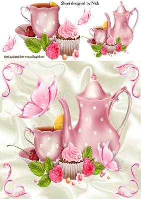 Pink Teapot with Cupcake and Butterflies 8x8
