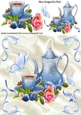 Blue Teapot with Pink Rose and Butterflies 8x8
