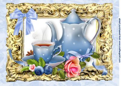 Pretty Blue Teapot and Rose in Gold Baroque Frame A4