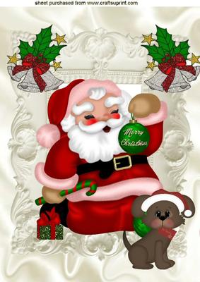 Santa Kneeling with Little Puppy and Bells A4