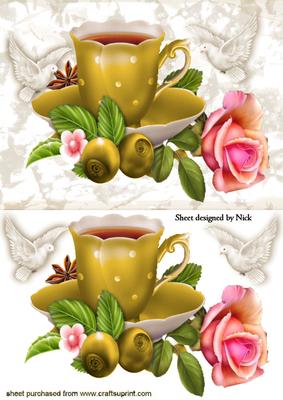 Gold Teacup with Pink Roses and Doves