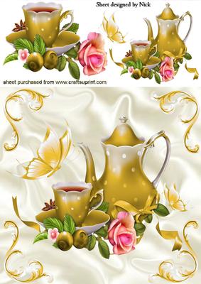 Gold Teacup with Rose and Doves 8x8