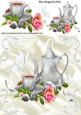 Silver Teapot and Rose with Butterflies 8x8