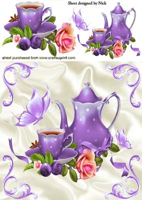 Purple Teapot with Rose and Butterflies 8x8