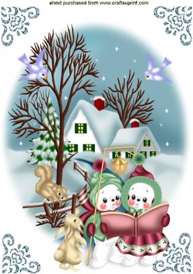 Snowmen Carol Singing with the Animals in Snow Scene A4