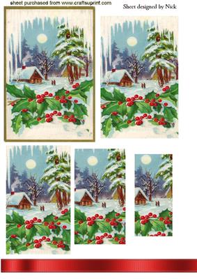 Vintage Snow Scene with Holly Pyramids